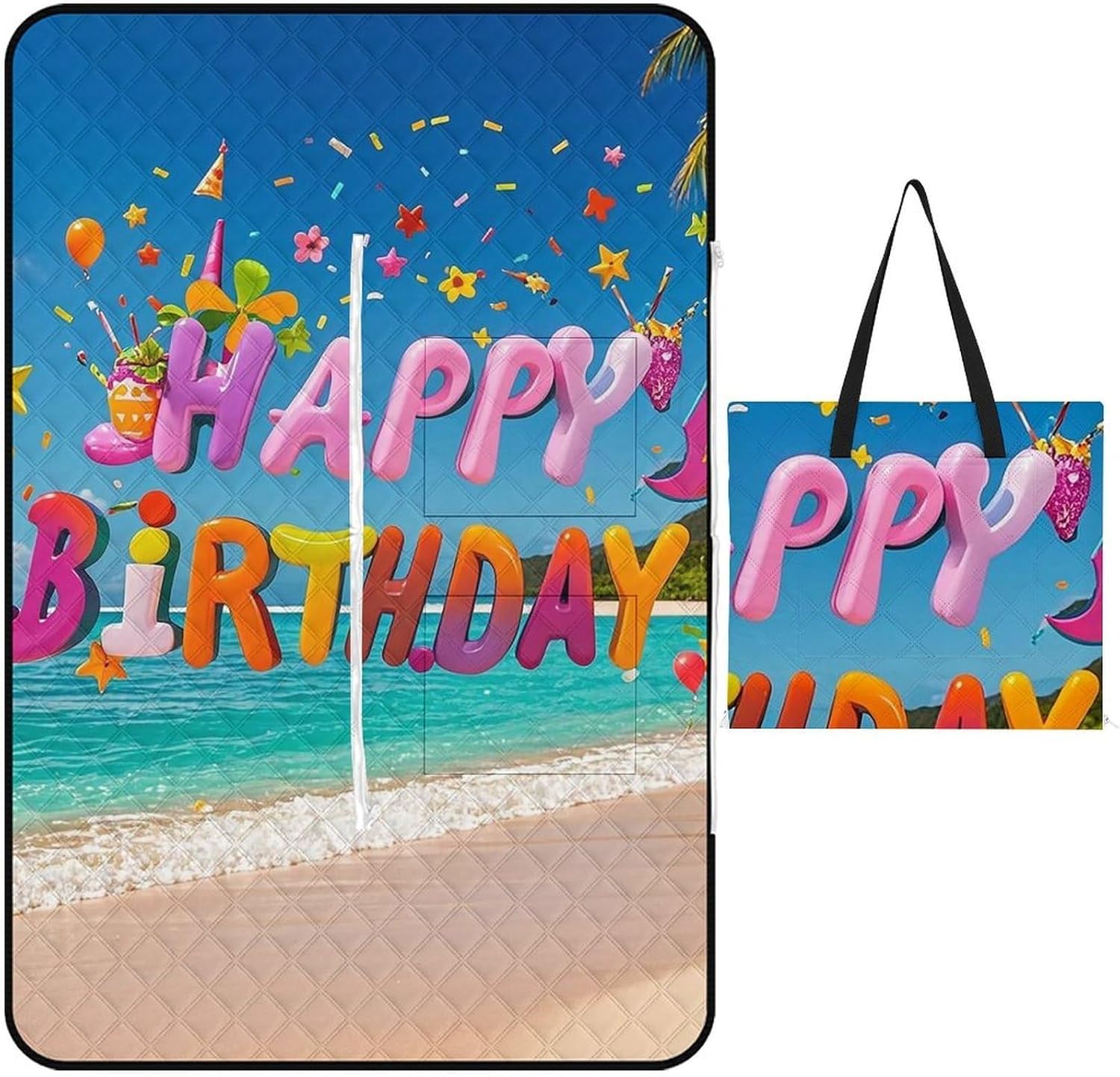 Happy Birthday on The Beach Picnic Blanket with Zippered Tote Bag, Waterproof Portable Outdoor Blanket, Lightweight Foldable Outdoor Mat for Beach, Camping, Park, 150x100cm