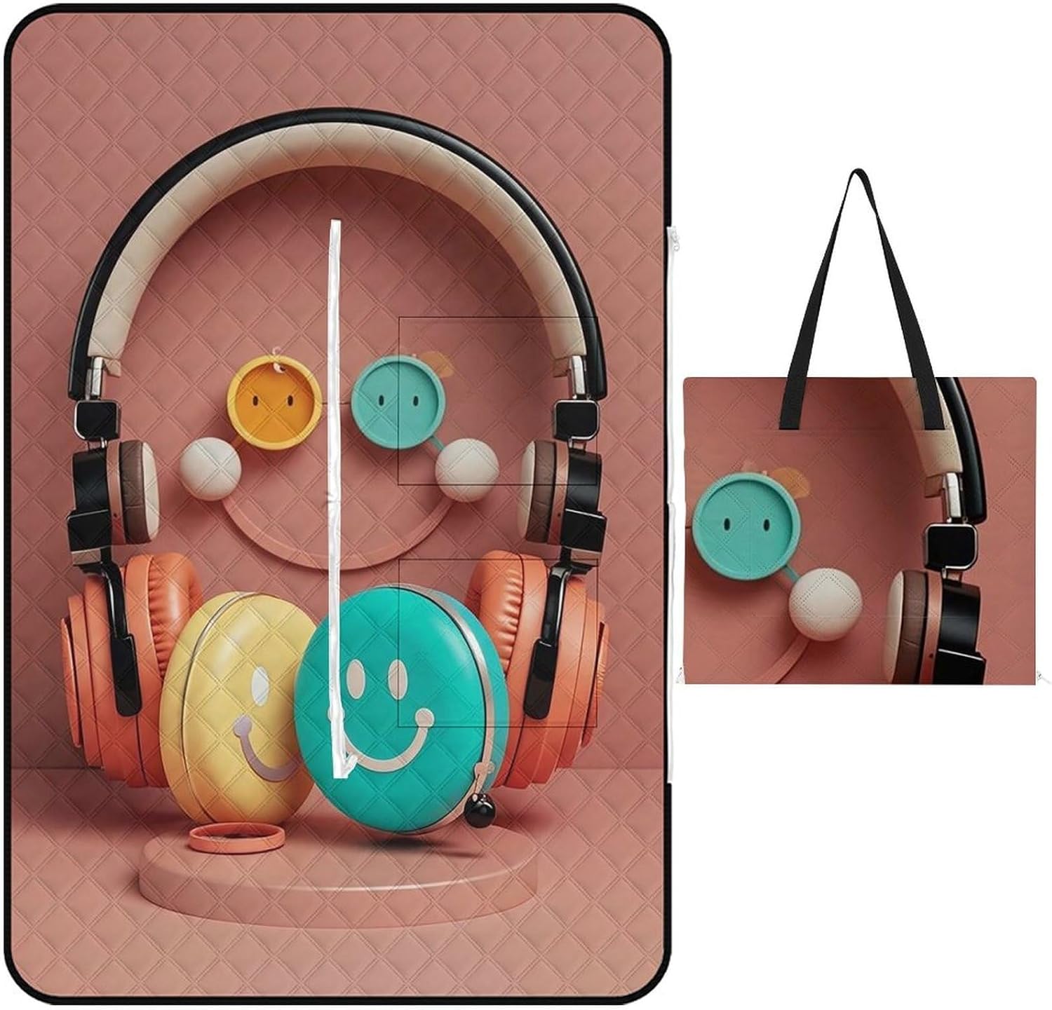 Happy Smiling Face Picnic Blanket with Zippered Tote Bag, Waterproof Portable Outdoor Blanket, Lightweight Foldable Outdoor Mat for Beach, Camping, Park, 150x100cm