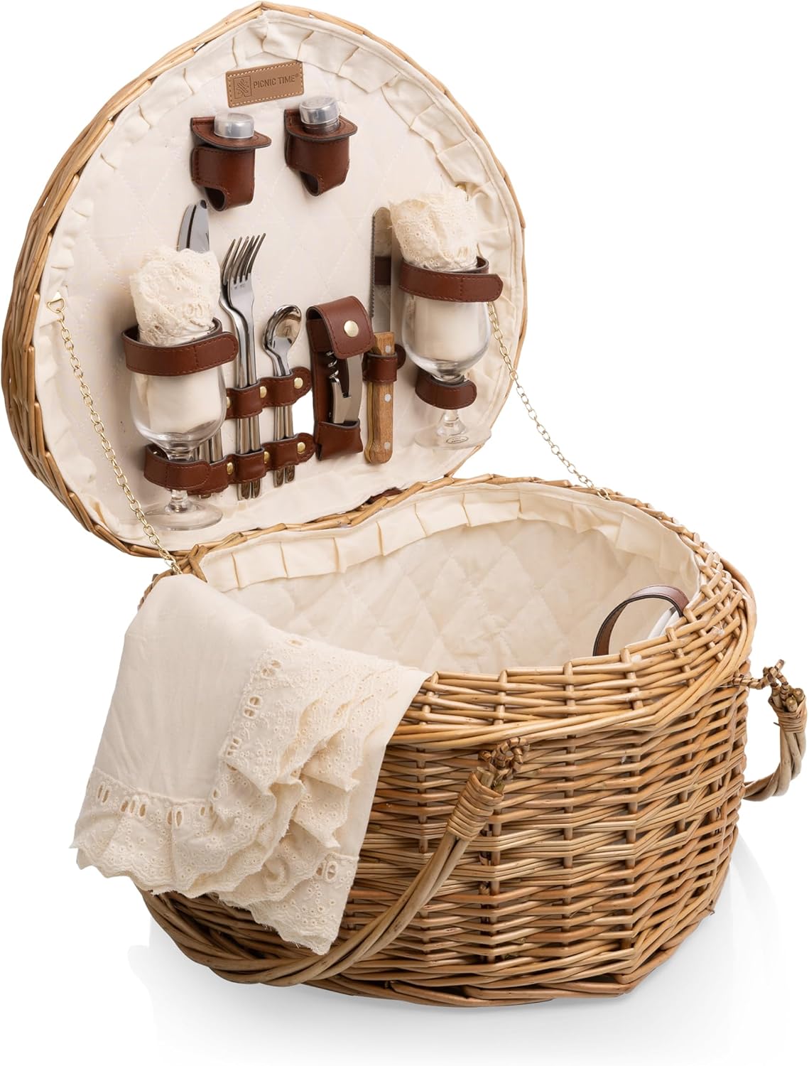 Heart Picnic Basket for 2 - Wicker Picnic Basket - 2 Person Picnic Set - Couple Gifts, (Antique White)