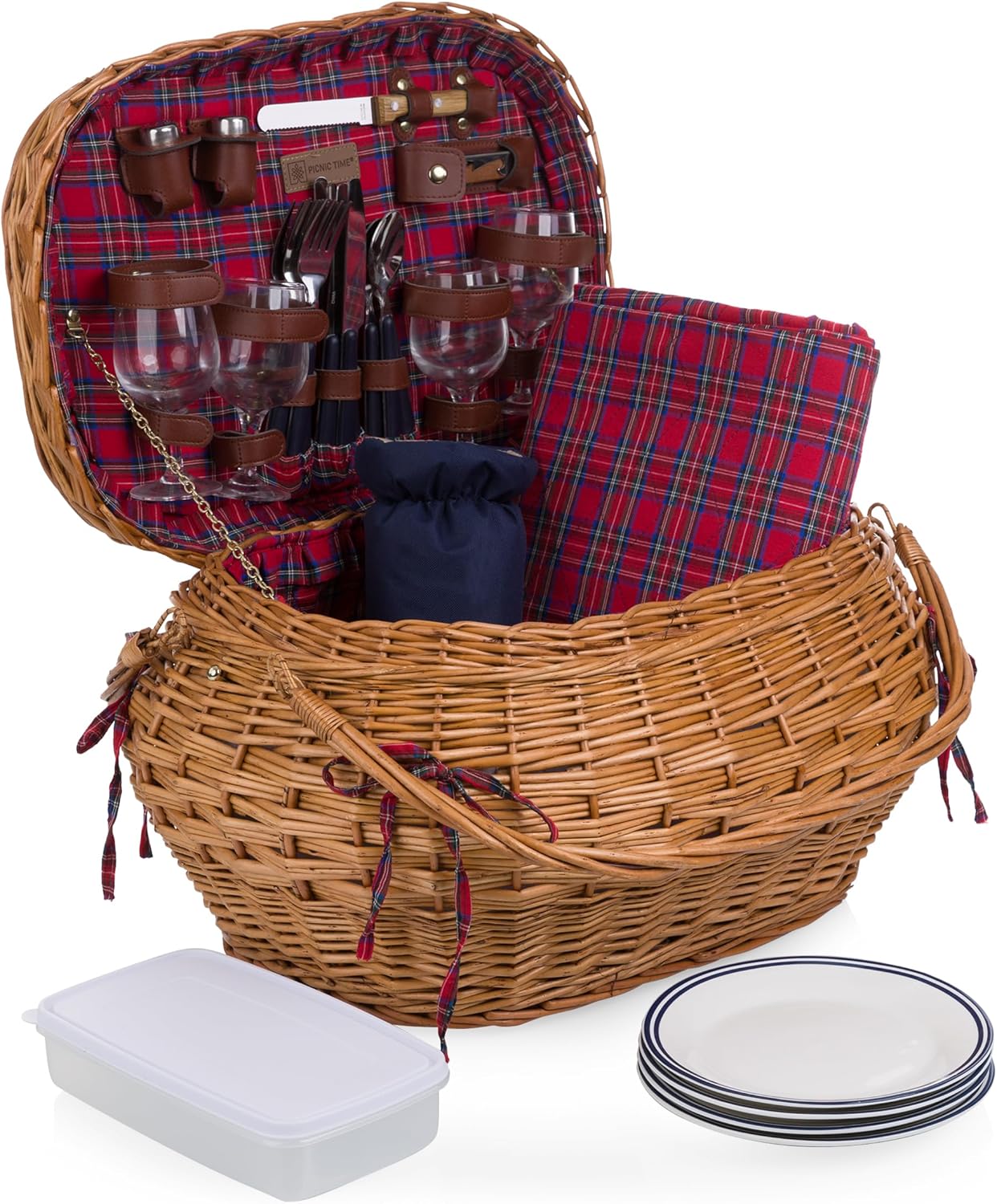 Highlander Picnic Basket, (Red & Blue Tartan Pattern)