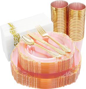 Hioasis 175pcs Clear Pink Plastic Plates-Gold Plastic Silverware include 25Dinner Plates 25Dessert Plates 25Knives 25Forks 25Spoons 25Cups 25Napkins Perfect for Wedding & Parties