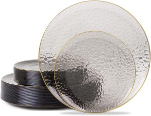 Hioasis Black and Gold Plastic Plates - 60pcs Hammered Disposable Set for Wedding & Party (30 Dinner, 30 Dessert)