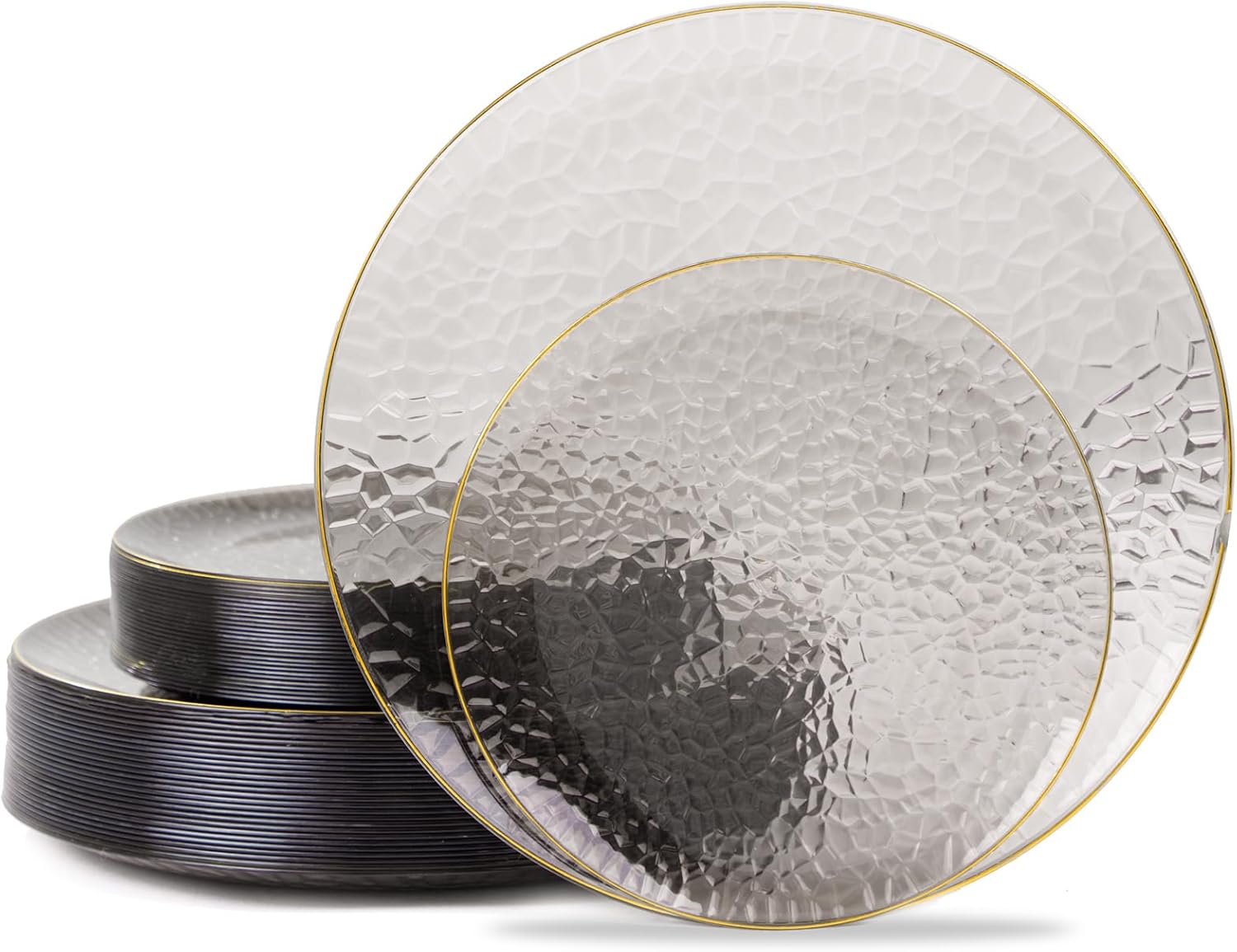 Hioasis Black and Gold Plastic Plates - 60pcs Hammered Disposable Set for Wedding & Party (30 Dinner, 30 Dessert)