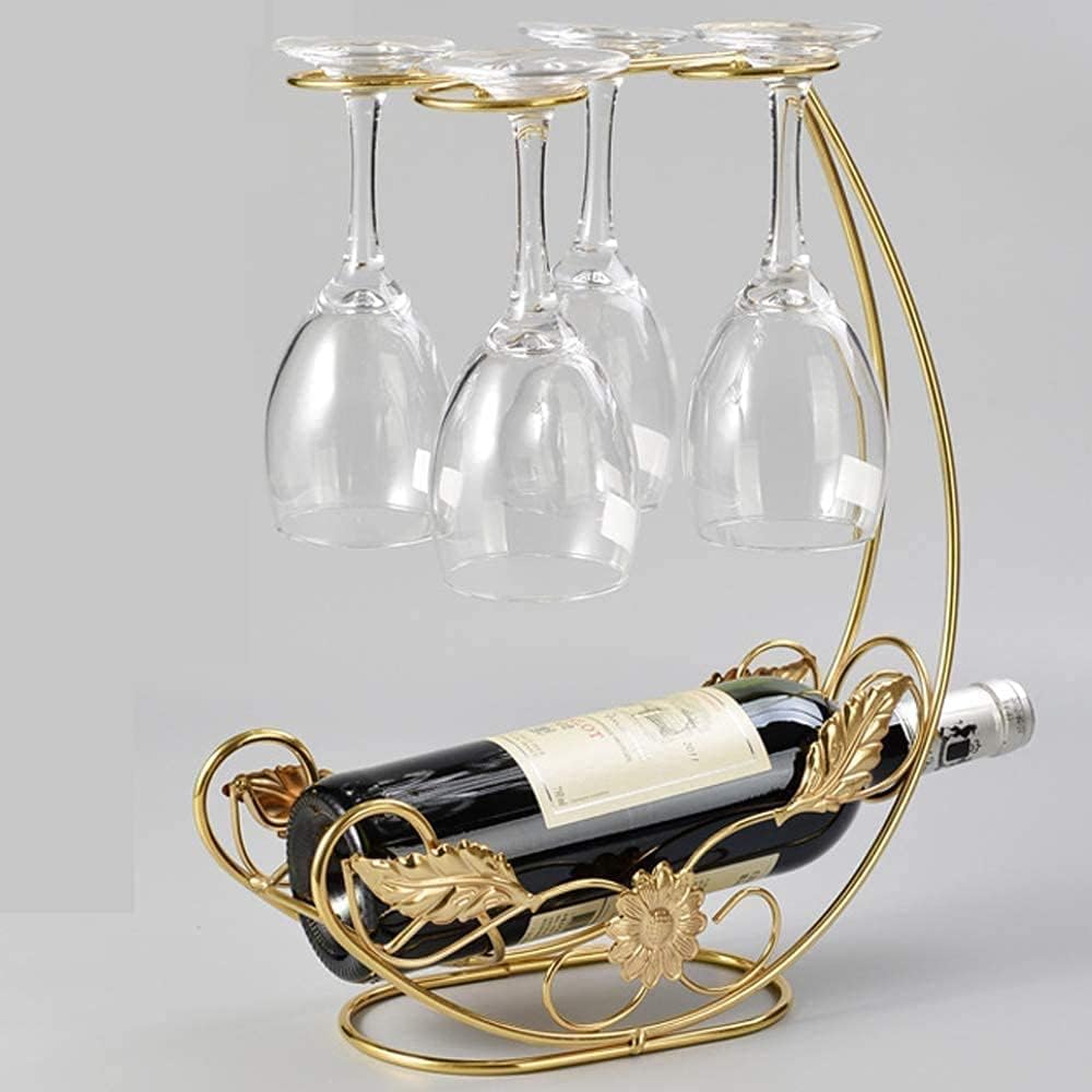 Homya Tabletop Wine Rack - Metal Fine Forged Wine Glass Display Holder, Holds 1 Bottle and 4 Glasses, Gold
