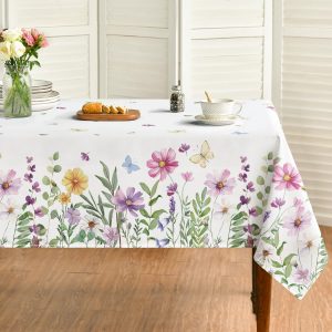 Horaldaily Spring Tablecloth 60×104 Inch, Wildflowers Floral Butterfly Washable Table Cover for Party Picnic Dinner Decor