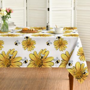 Horaldaily Summer Tablecloth 60×84 Inch, Yellow Sunflower Bumble Bee White Fall Washable Table Cover for Party Picnic Dinner Decor