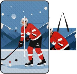 Ice Hockey Player Picnic Blanket with Zippered Tote Bag, Waterproof Portable Outdoor Blanket, Lightweight Foldable Outdoor Mat for Beach, Camping, Park, 150x100cm