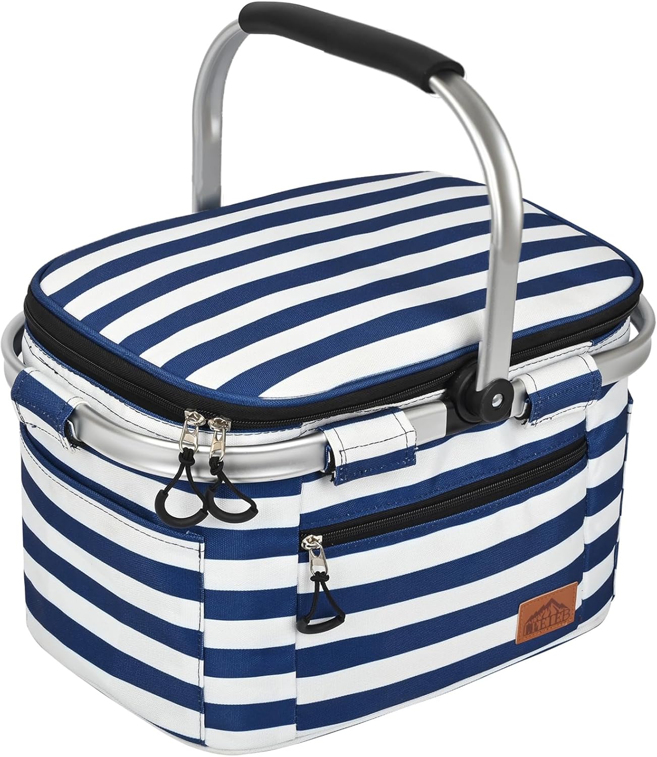 Insulated Cooler Bag Multipocket Collapsible Picnic Basket Leak-Proof Outdoor Basket for Camping Meal Delivery Shopping Travel Camping Beach Grocery Bag (BlueWhite Medium)