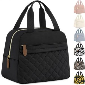 Insulated Lunch Bag for Women, Portable Lightweight Lunch Box for Adults, Reusable Small Lunch Tote Cooler Bags with Front Zipper Pocket for Work, Travel and Picnic (Black)