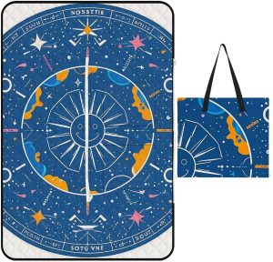 Interesting Sun Face Picnic Blanket with Zippered Tote Bag, Waterproof Portable Outdoor Blanket, Lightweight Foldable Outdoor Mat for Beach, Camping, Park, 150x100cm