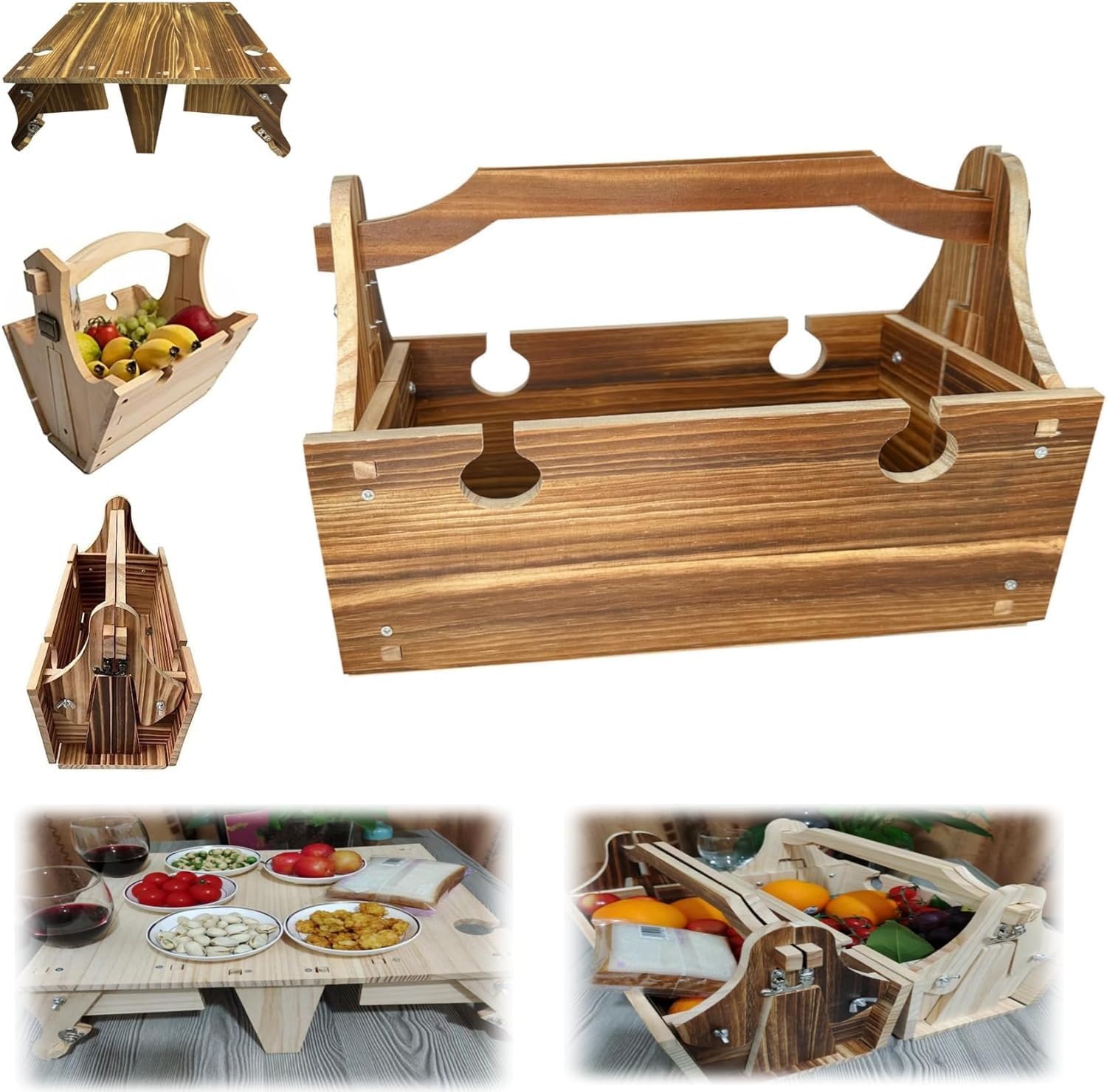 JY & YS Wooden Outdoor Folding Picnic Basket Table, 2-in-1 Picnic Table Convertible Storage Wooden Basket, Folding Picnic Table with Wine Glass Holder, Portable Wine Champagne Picnic Table (B)