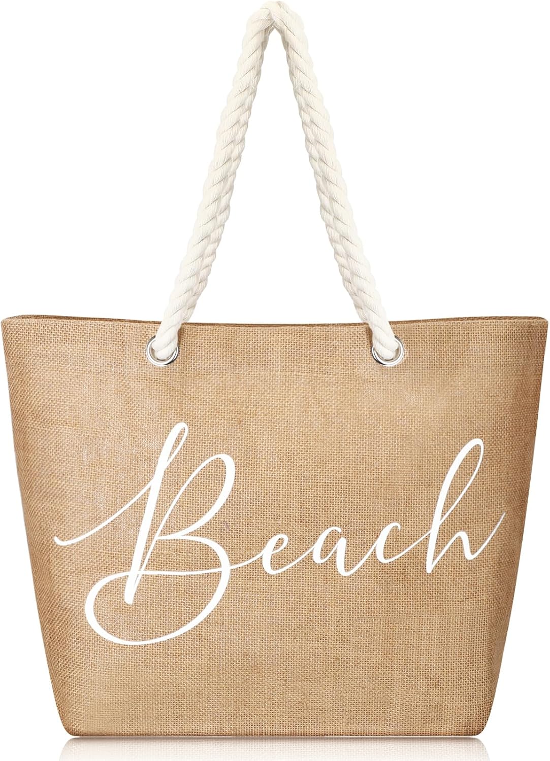 Jute Beach Tote Bag for Woman Boho Beach Shoulder Bag with Cotton Handles Modern Waterproof Handbag for Women Vacation Sea Travel Summer Holiday Trip Picnic