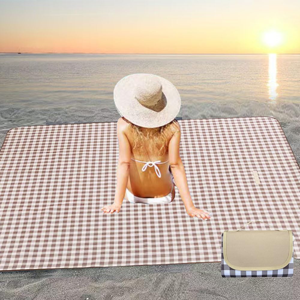 K Y KANGYUN Extra Large Picnic Blanket Outdoor Beach Blankets, Water-Resistant Foldable Sandproof Blankets Cute Picnic Mat for Beach, Camping Grass Lawn Park Mats (Brown 2, 80x60 in)