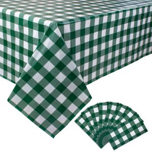 Kesfey 8 Packs Green and White Checkered Tablecovers 54 x 108 Inches Disposable Party Picnic Table Cloth SpillProof Plastic Gingham Tablecovers for Camping Decoration Party Favors