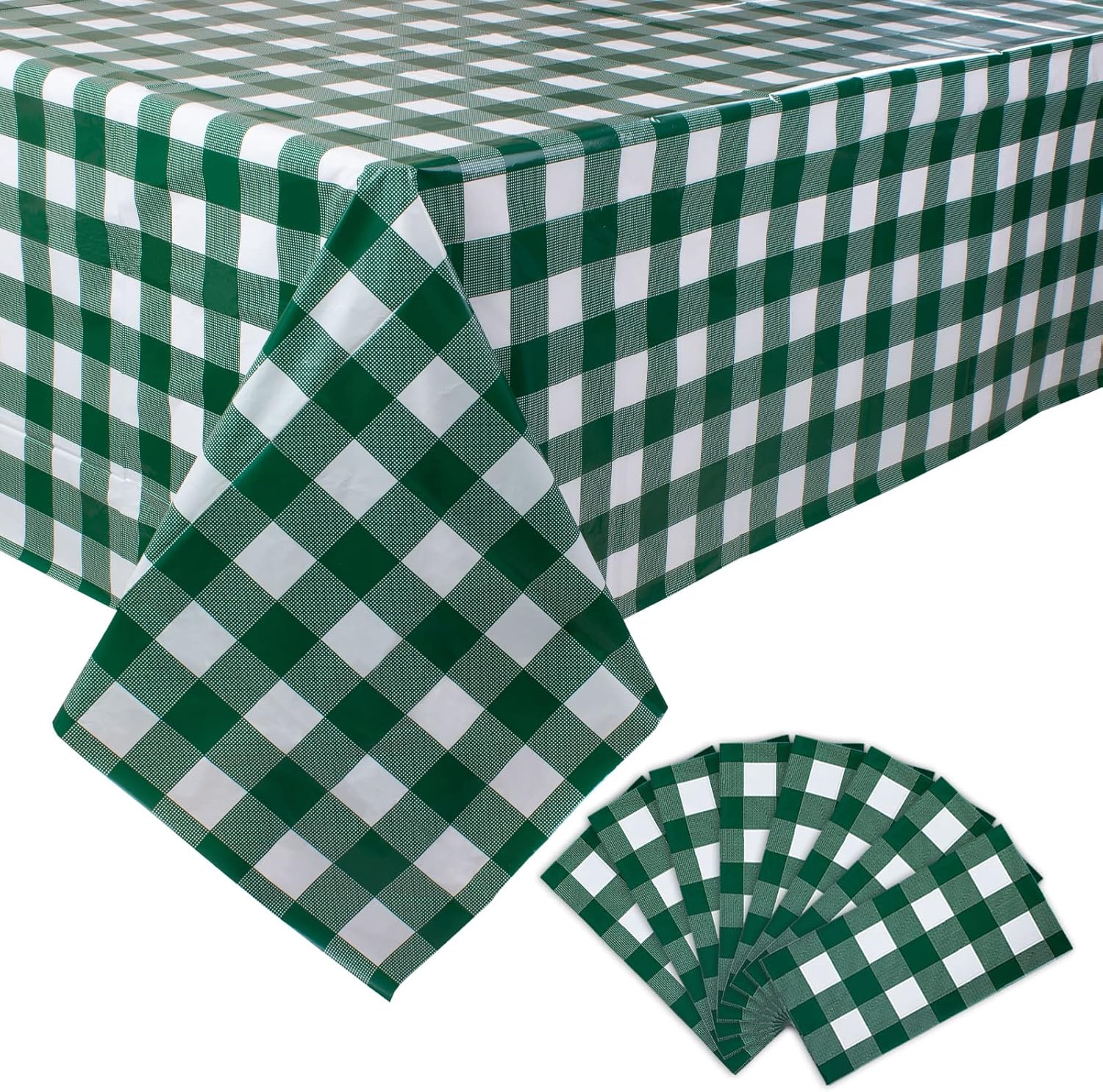 Kesfey 8 Packs Green and White Checkered Tablecovers 54 x 108 Inches Disposable Party Picnic Table Cloth SpillProof Plastic Gingham Tablecovers for Camping Decoration Party Favors