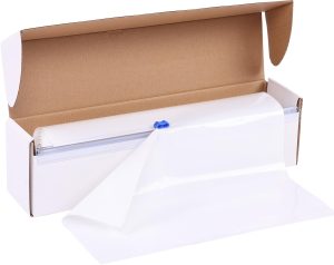 Kesfey White Plastic Tablecloth Roll 54 inch X 120ft White Premium Disposable Plastic Table Cloth Roll with Easy Slide Self Cutter Box- Cut to Any Size Disposable Tablecloth for Picnic Birthday Party