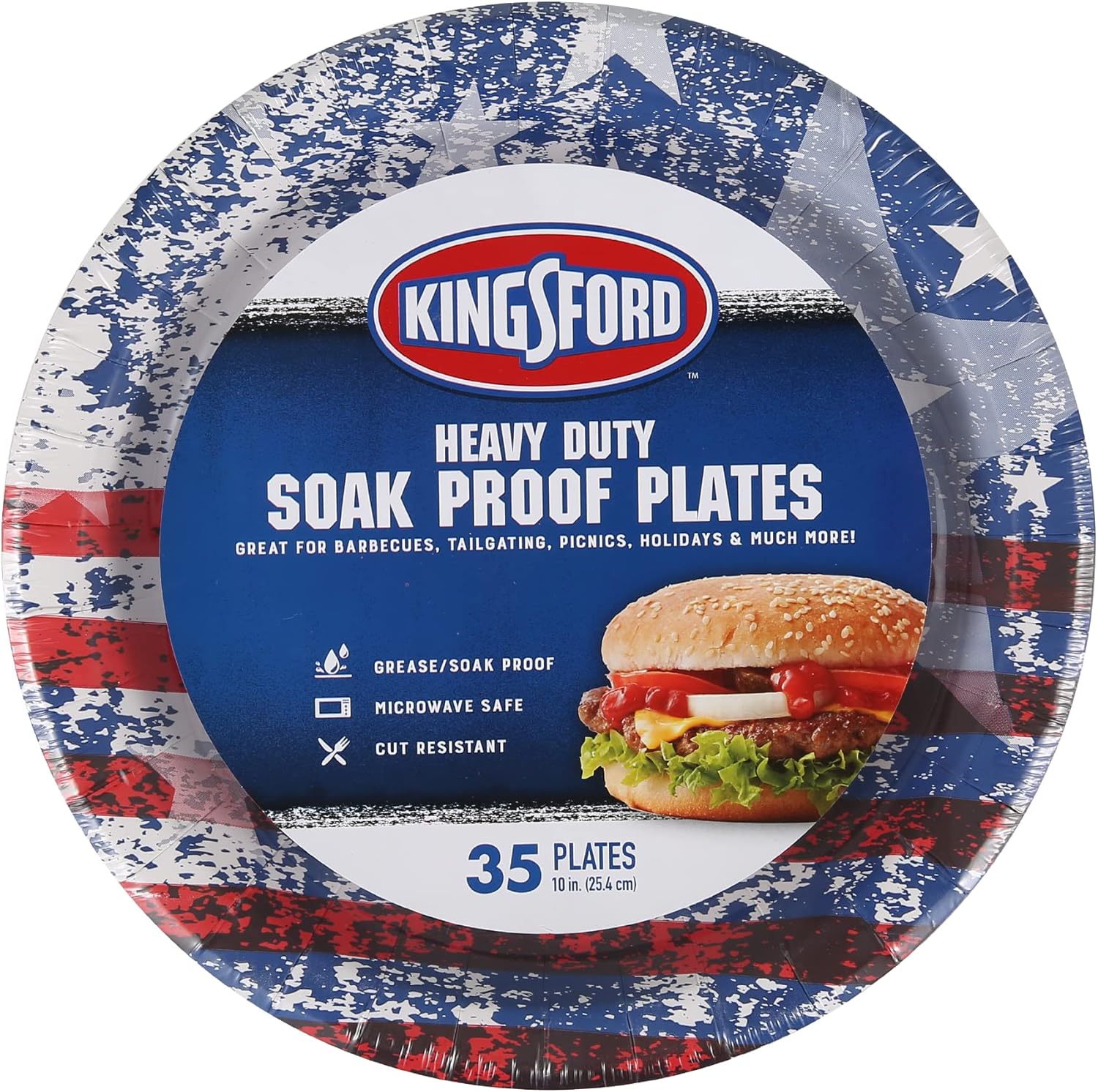 Kingsford Heavy Duty Soak Proof Round Paper Plates - For Barbecues, Picnics & Holidays - Microwave Safe, American Flag, Patriotic Plate - 10 Inch - 35 Count