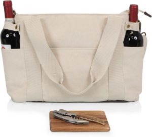 LEGACY Temecula Wine Bag, Wine and Cheese Picnic Tote Bag, Wine Picnic Cooler Bag with Cheese Board, (Natural White Canvas)