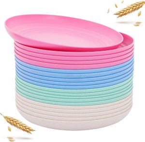 LIYH 20 Pcs 9 Inch Lightweight Wheat Straw Plastic Plates,Unbreakable Dinner Plates Reusable, Camping Outside Picnic Plate,Pink,Blue,Beige,Green
