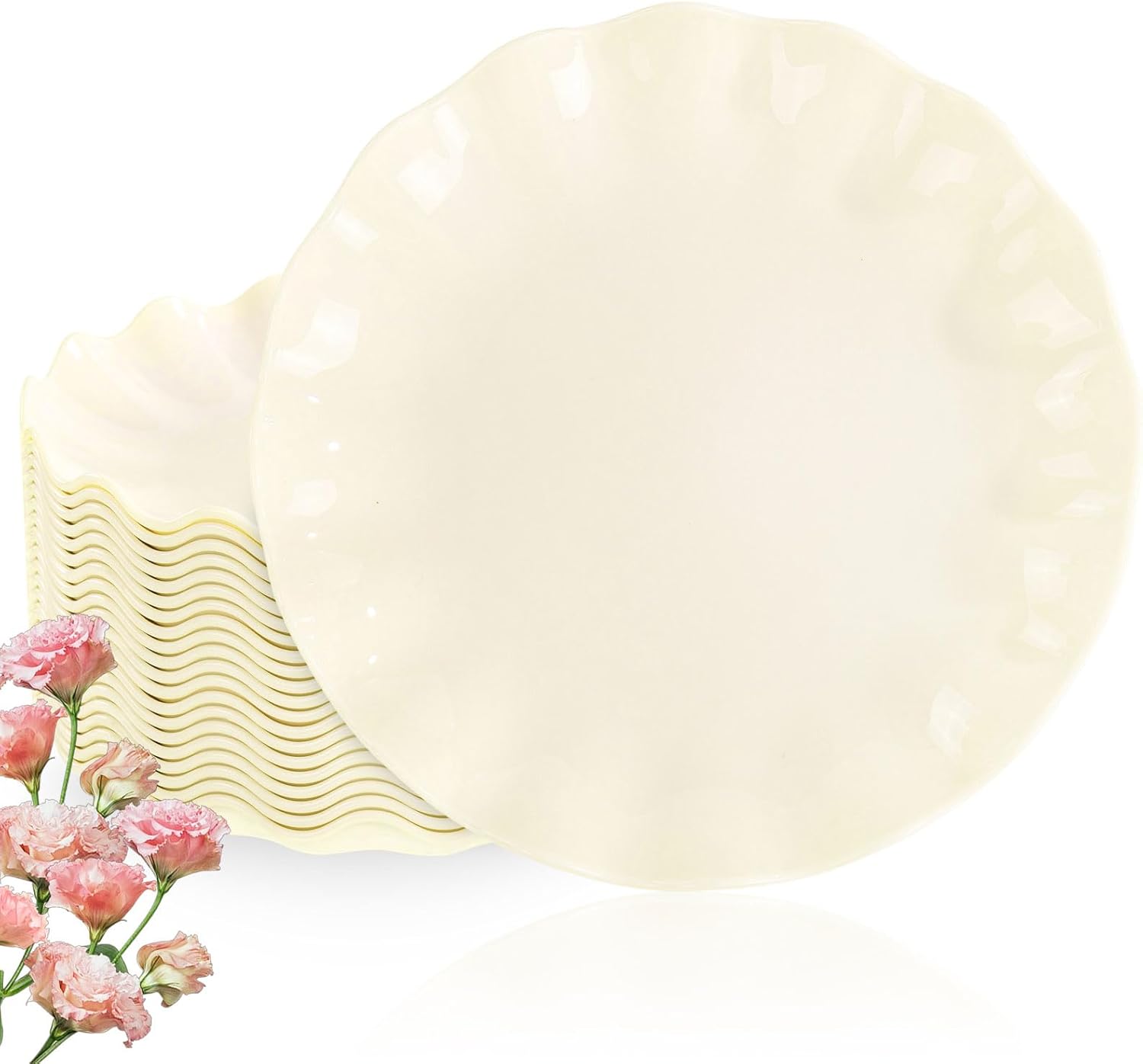 LIYH 20 Pcs Beige Plastic Plates Reusable - Unbreakable Plastic Scalloped Wavy Dinner Plates for Baby Shower Camping Party Outdoor Picnics Dishwasher Safe BPA Free 10 Inch (20Guests)
