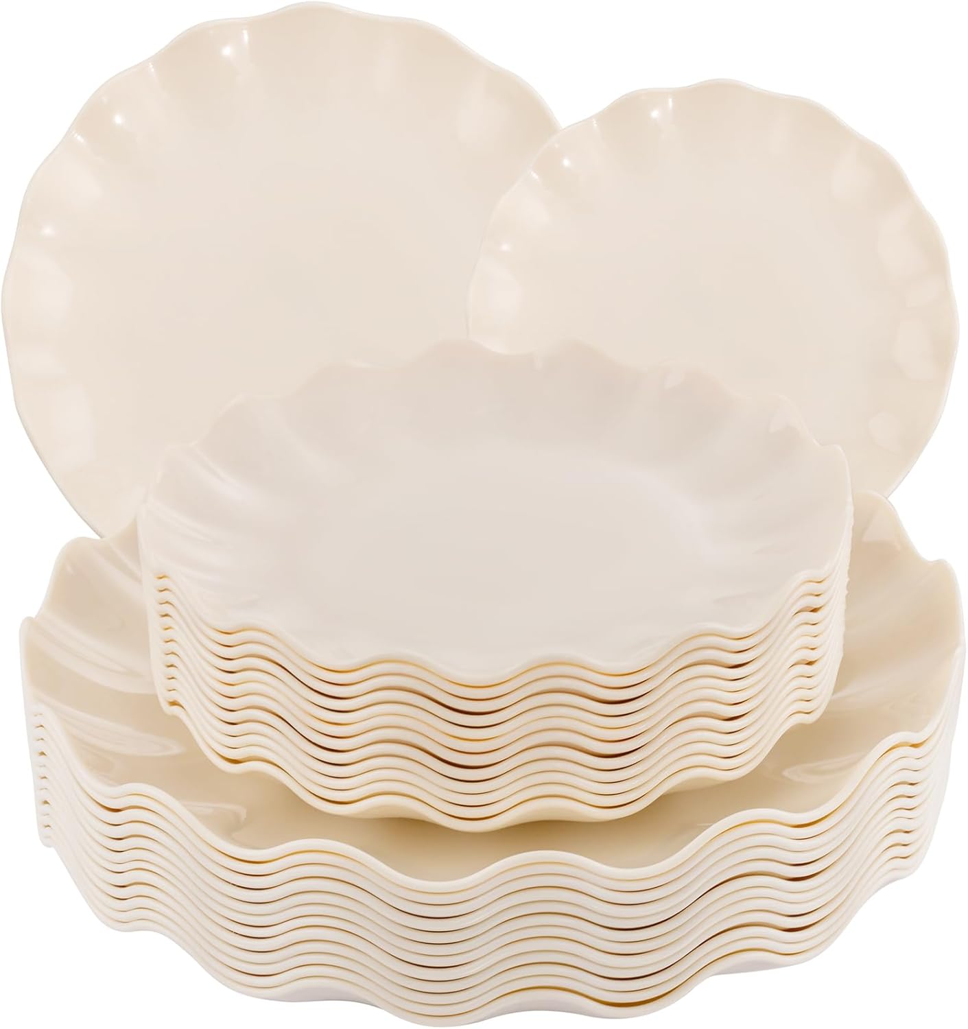 LIYH 24pcs Plastic Plates Reusable,Unbreakable Dinner Plates, Scalloped Plastic Plates, Dishwasher Safe,Ivory Plate Sets Perfect for Parties, Birthday, Picnics, BPA Free(12Guests)