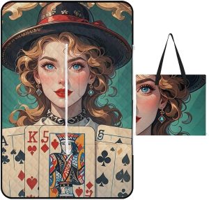 Ladies' Poker Cards Picnic Blanket with Zippered Tote Bag, Waterproof Portable Outdoor Blanket, Lightweight Foldable Outdoor Mat for Beach, Camping, Park, 150x100cm