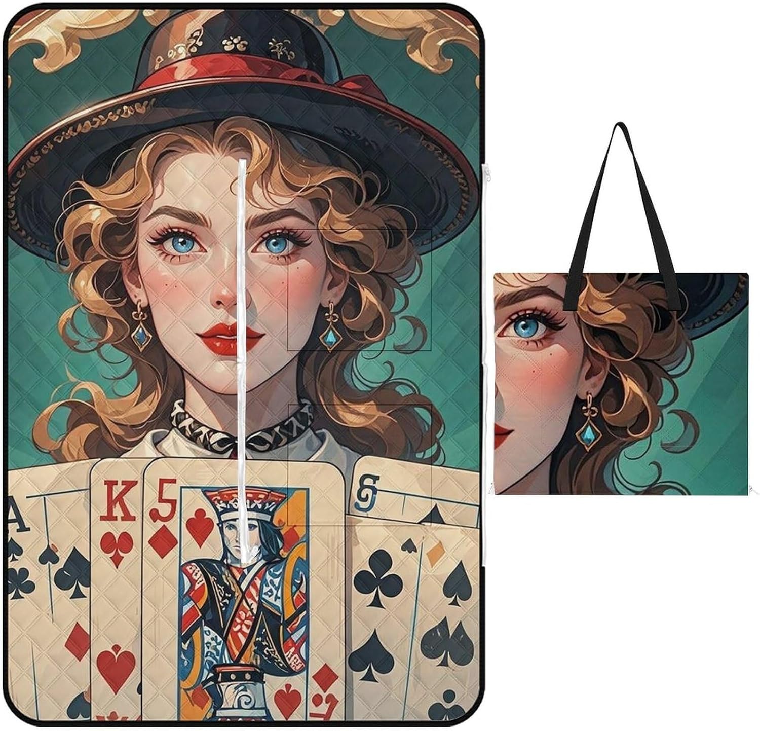 Ladies' Poker Cards Picnic Blanket with Zippered Tote Bag, Waterproof Portable Outdoor Blanket, Lightweight Foldable Outdoor Mat for Beach, Camping, Park, 150x100cm