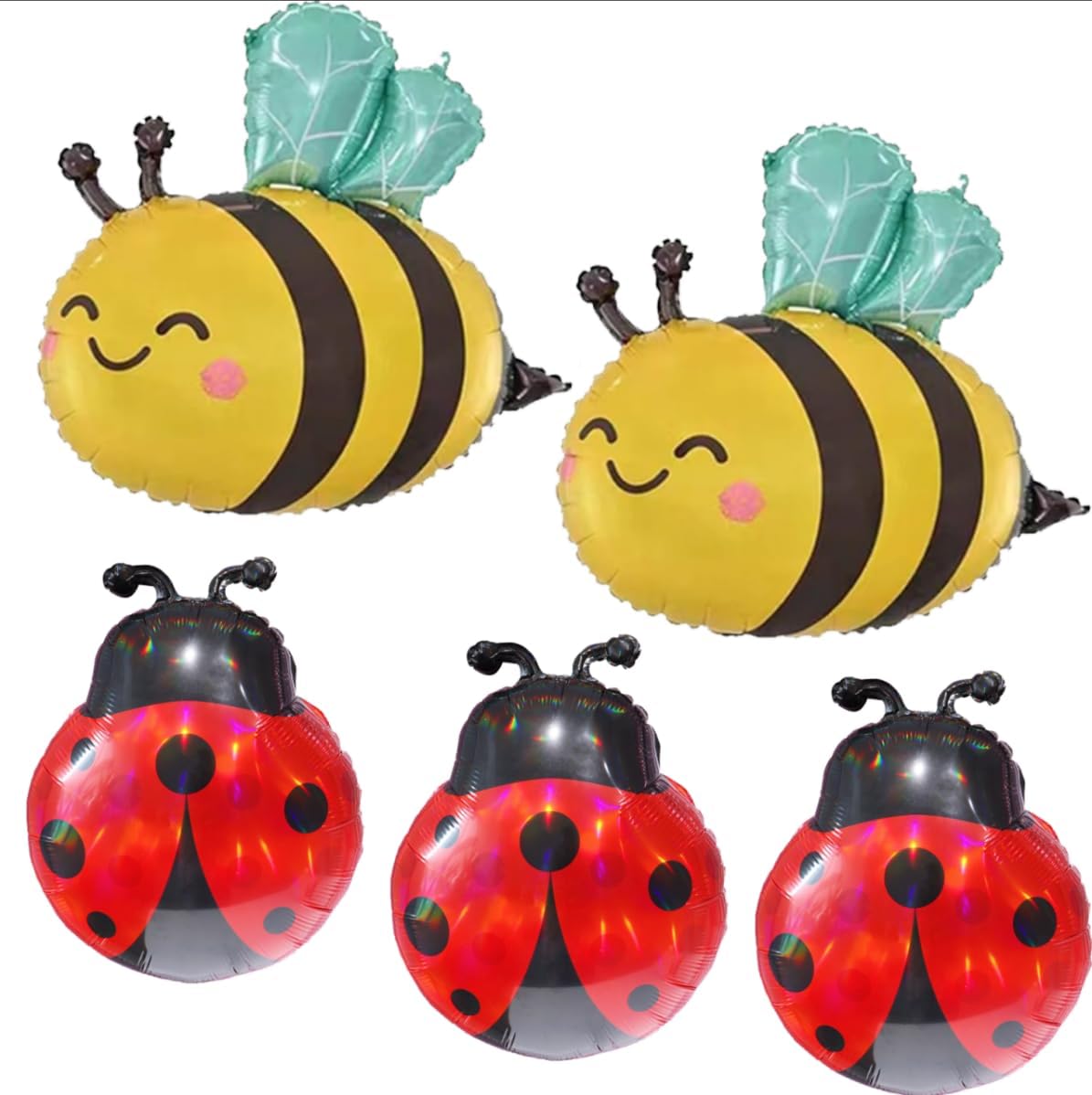 Ladybug and Bee Foil Balloon Set – 3 Ladybugs & 2 Bees | Cute Insect Balloon Decorations for Garden Party, Baby Shower, Birthday, Spring Picnic, Summer Events