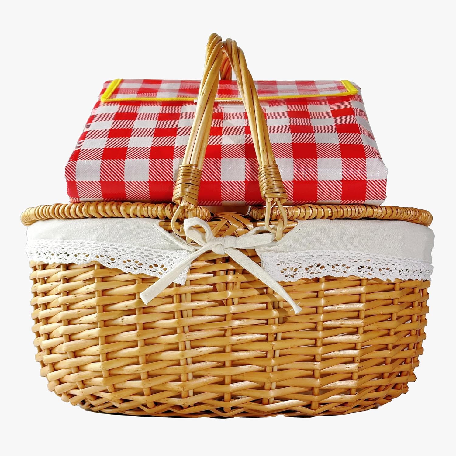 Large 15.4" Wicker Picnic Basket Extra Big Capacity Vintage Baskets with Lid,Outdoor Portable Natural Woven Handmade Rattan Camping Storage with Blanket Hamper with Handles,Canasta De for Family