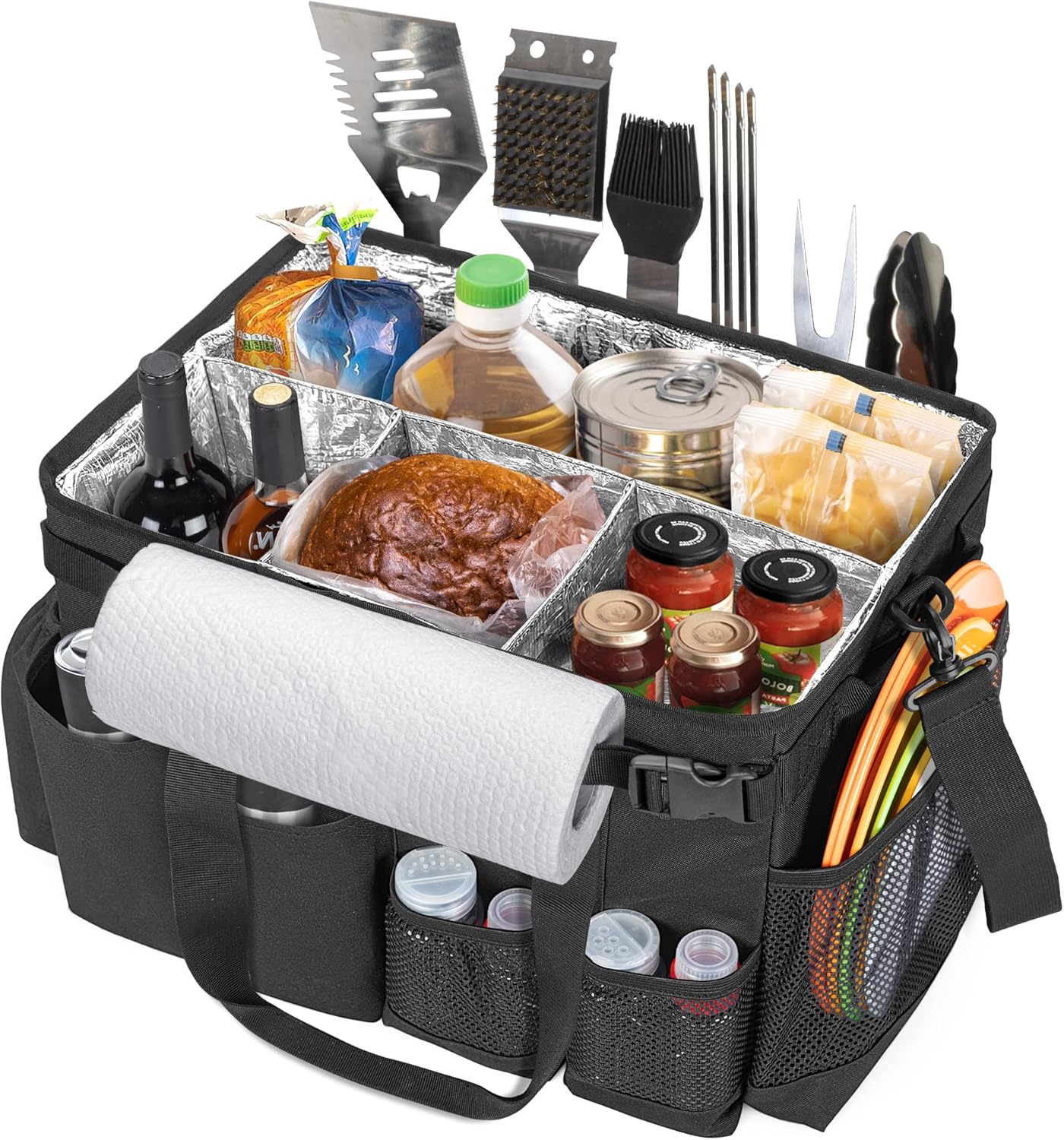 Large Grill Utensil Caddy with Paper Towel Holder, Outdoor Picnic Bag Organizer for BBQ Supplies Tool, Tailgating Accessory Basket Camping Gear Must Haves for Cook Essentials, Black, Bag Only