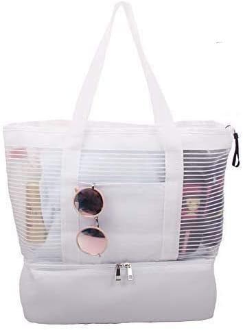 Large Mesh Beach Tote Bag with Zipper and Insulated Picnic Cooler Leak-proof for Beach Pool Outdoor Trave Gym