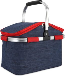 Large Picnic Basket Insulated, Foldable Shoping Basket Cooler Bag, Leakproof Picnic Baskets with Handle and Lid for Camping Outdoor Birthday Lunch BBQ Travel Beach(Blue, 9.1x16.5x15.7in)