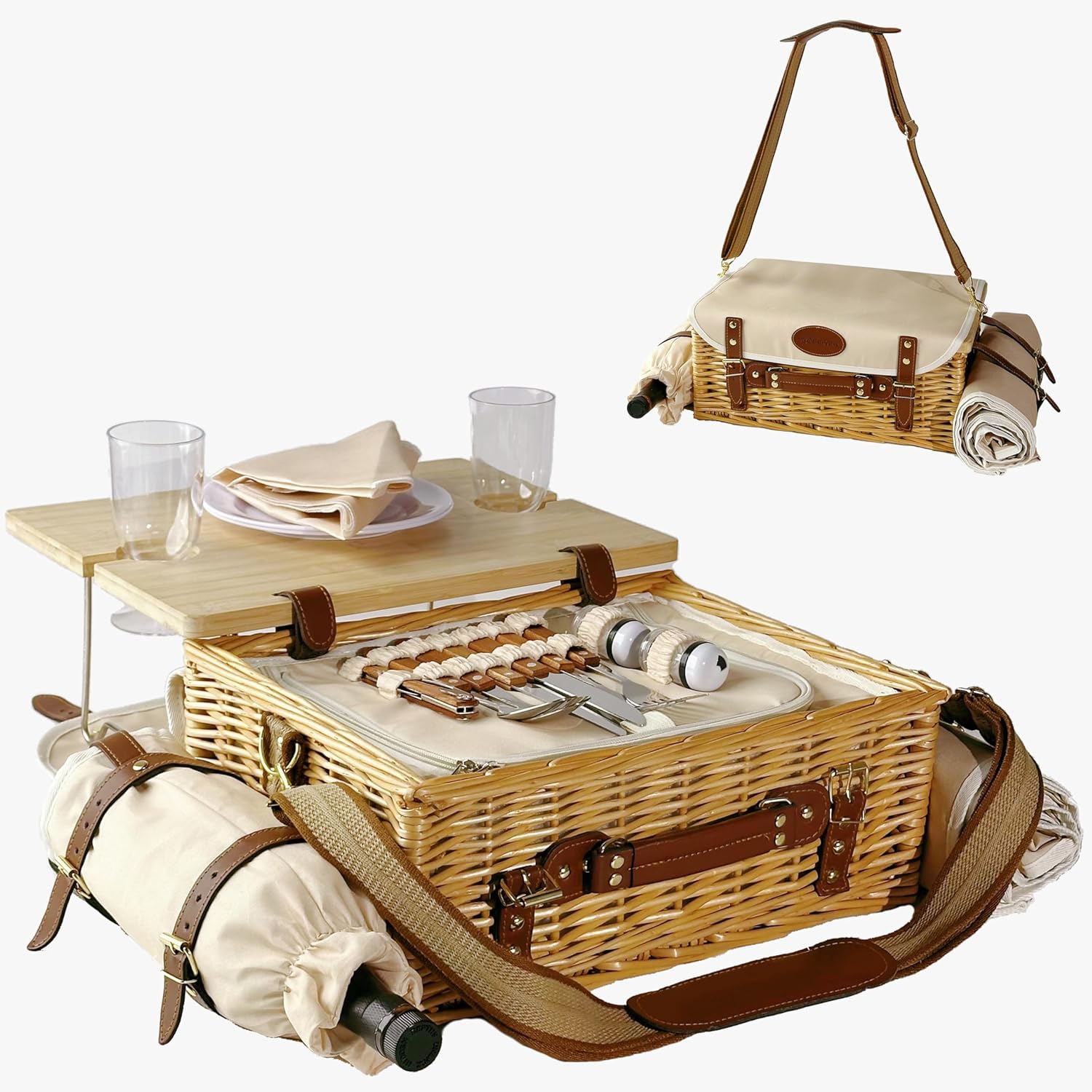Large Wicker Picnic Basket Kit Set for 2 Adults with Blanket Family Folding Wine Table,Insulated Portable Extra Big Storage Capacity Natural Woven Rattan Canasta De Full Tablewares Camping Outdoor