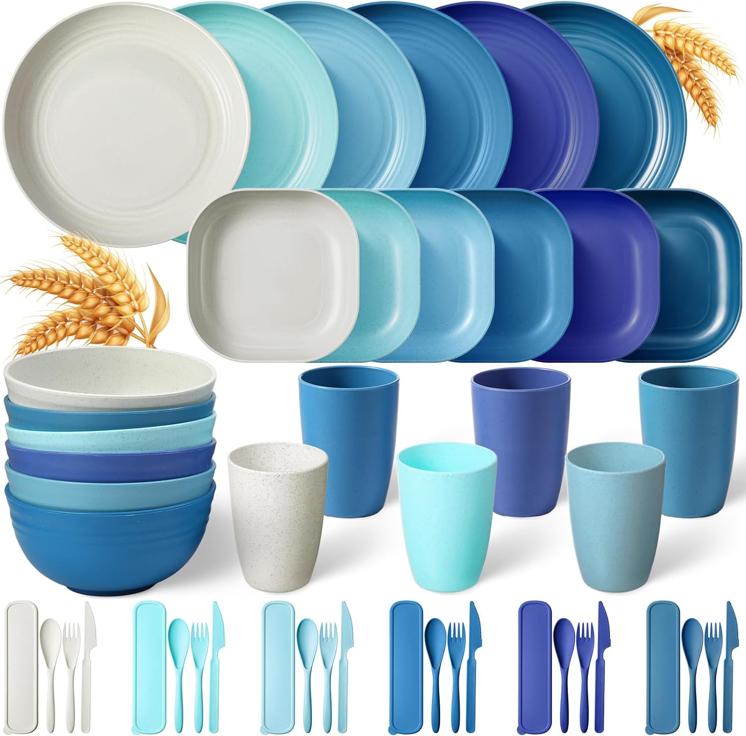 Layhit 48 Pcs Wheat Straw Dinnerware Set for 6 Unbreakable Microwave Safe Utensils Plastic Reusable Plates Bowls Cups Knives Forks Spoons Blue White Cutlery for Dinner Dessert Camping Picnic Travel