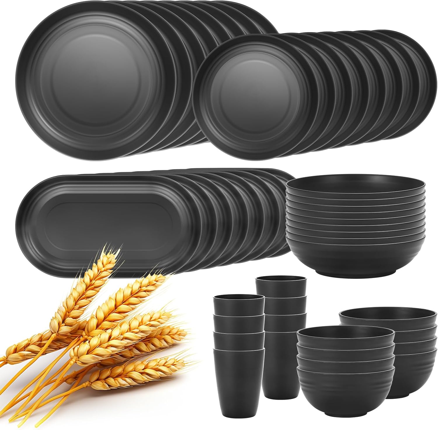 Lazycorner 48-Pcs Kitchen Wheat Straw Dinnerware Set, Service for 8, Plastic Reuasble Dinner Dishes Serving Plate Set for Kitchen, Including Dinner Plate, Dessert Plates, Bowl, Cup(Black)