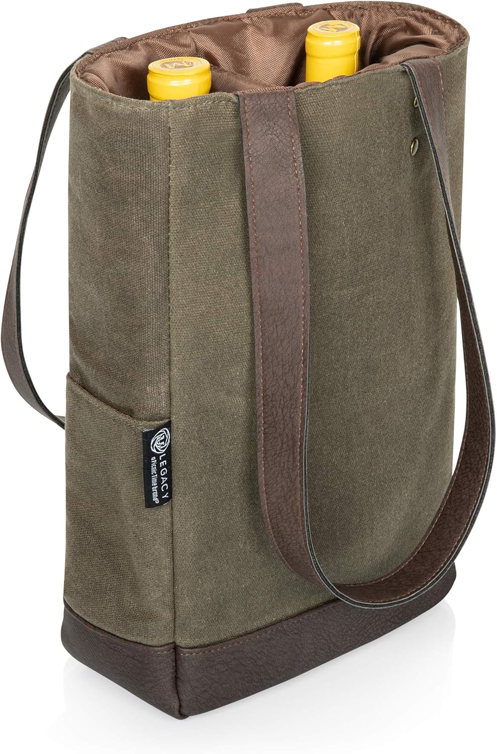 Legacy - a Picnic Time Brand, Bottle Insulated Wine Bag, Distressed Waxed Canvas Wine Tote Bag, Wine Gift Bag