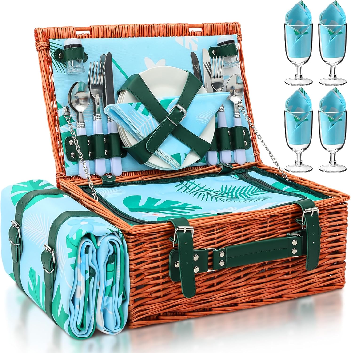 Leinuosen Tropical Wicker Picnic Basket Kit for 4 Persons with Waterproof Green Palm Picnic Blanket Willow Hamper Insulated Cooler Bag Utensils Cutlery for Camping Outdoor Summer Hawaii Luau Party