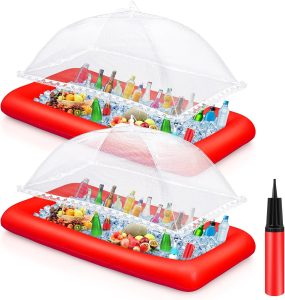 Leitee Inflatable Serving Bar Kit Includes Salad Buffet Tray with Drain Plug Mesh Food Cover Food Drink Containers and Inflator for Ice Supplies Summer Party Camping Picnic(Red)