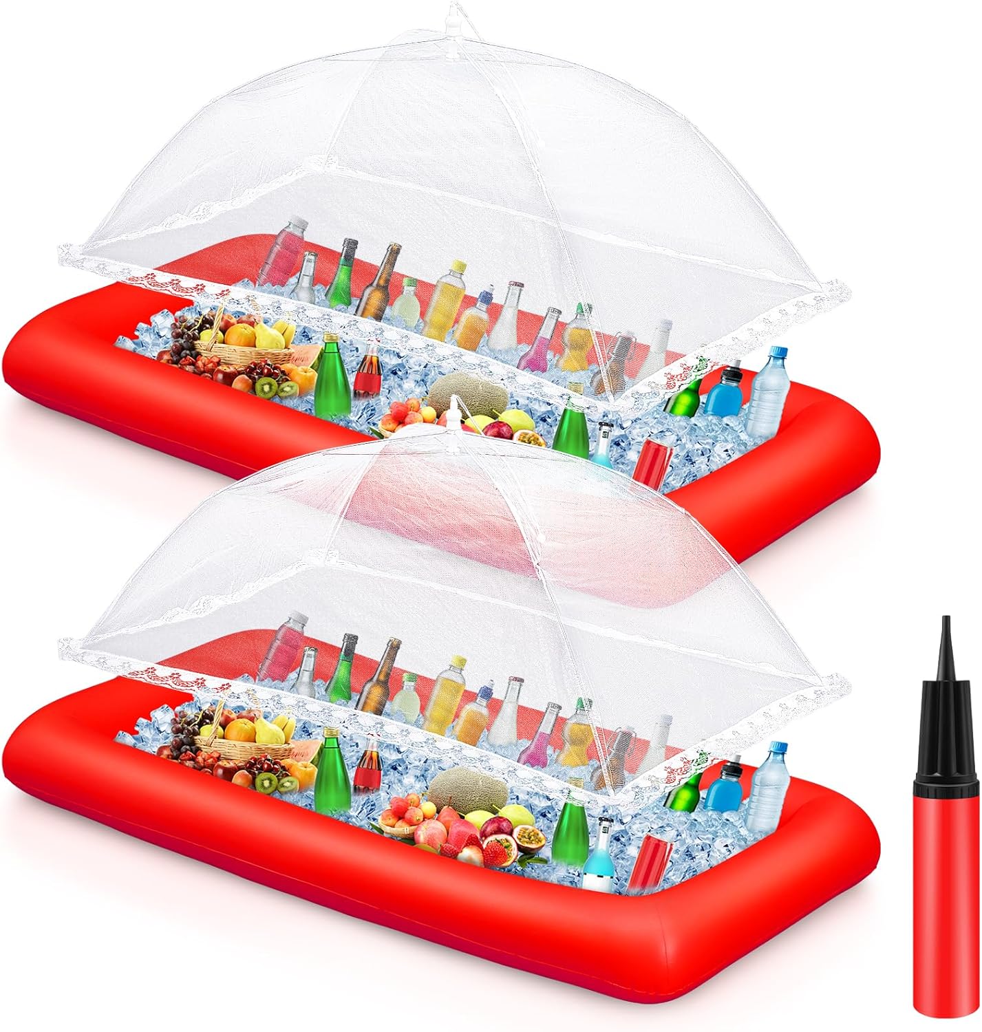 Leitee Inflatable Serving Bar Kit Includes Salad Buffet Tray with Drain Plug Mesh Food Cover Food Drink Containers and Inflator for Ice Supplies Summer Party Camping Picnic(Red)