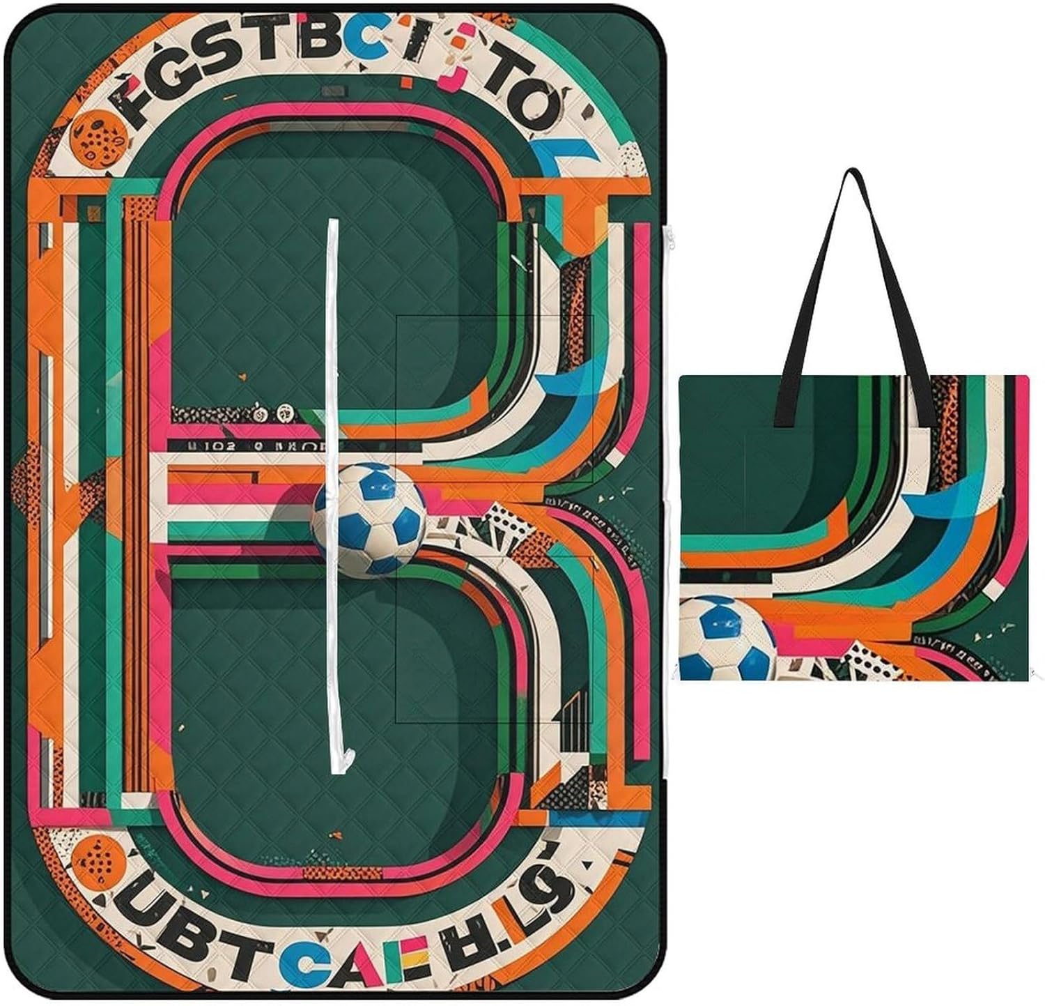 Letters with Football Elements Picnic Blanket with Zippered Tote Bag, Waterproof Portable Outdoor Blanket, Lightweight Foldable Outdoor Mat for Beach, Camping, Park, 150x100cm