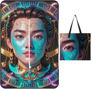 Libra's Interesting Face Picnic Blanket with Zippered Tote Bag, Waterproof Portable Outdoor Blanket, Lightweight Foldable Outdoor Mat for Beach, Camping, Park, 150x100cm
