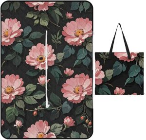 Lovely Flowers Picnic Blanket with Zippered Tote Bag, Waterproof Portable Outdoor Blanket, Lightweight Foldable Outdoor Mat for Beach, Camping, Park, 150x100cm