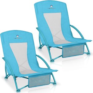 Low Beach Chairs 2 Pack,Folding Compact Low Seat Chairs for Adults w/Mesh Back,Cup Holder & Storage Bag,Heavy Duty Chair for Outdoor Sand,Travel,Camping,Picnic,Blue