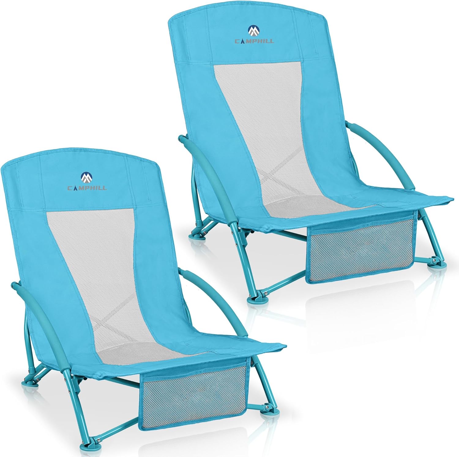 Low Beach Chairs 2 Pack,Folding Compact Low Seat Chairs for Adults w/Mesh Back,Cup Holder & Storage Bag,Heavy Duty Chair for Outdoor Sand,Travel,Camping,Picnic,Blue