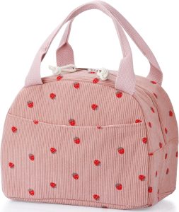 Lunch Bag - Insulated Lunch Box for Women, Reusable Large Capacity Cooler Bag for Adult, Small Leakproof Cute Corduroy Lunch Tote for Work Office Travel Picnic (Corduroy Strawberry Pink)