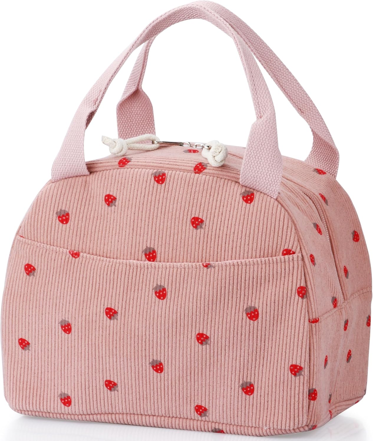 Lunch Bag - Insulated Lunch Box for Women, Reusable Large Capacity Cooler Bag for Adult, Small Leakproof Cute Corduroy Lunch Tote for Work Office Travel Picnic (Corduroy Strawberry Pink)