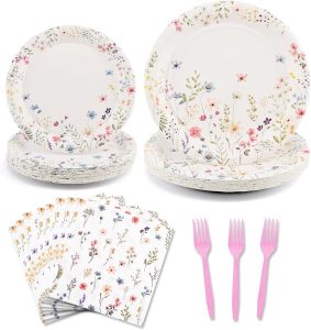 MAYIT 96Pcs Floral Paper Plates and Napkins Wildflower Party Supplies Flower Disposable Tableware Set for Spring Summer Picnic Party Baby Shower Wedding Birthday Serve 24 Guests