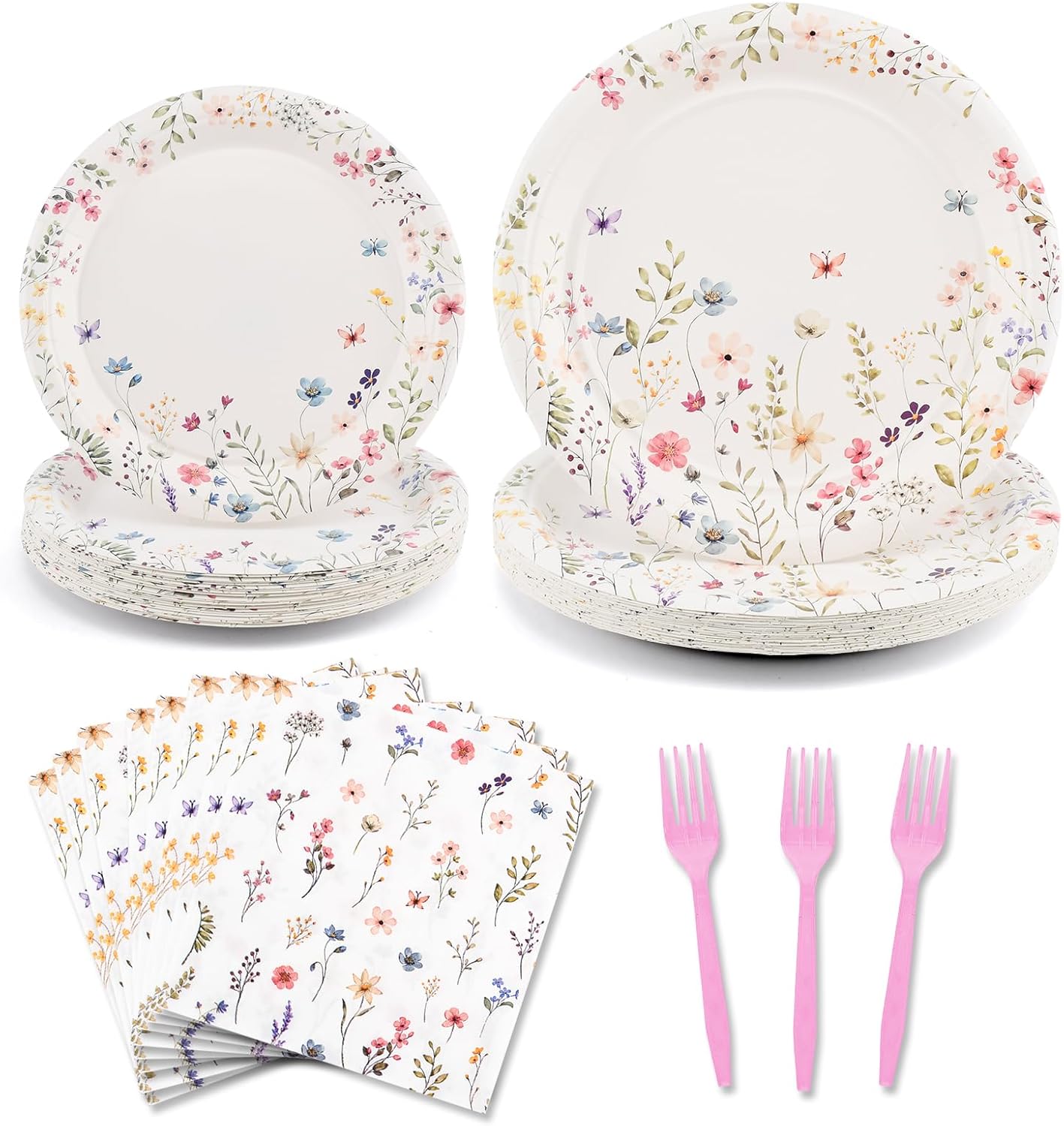 MAYIT 96Pcs Floral Paper Plates and Napkins Wildflower Party Supplies Flower Disposable Tableware Set for Spring Summer Picnic Party Baby Shower Wedding Birthday Serve 24 Guests