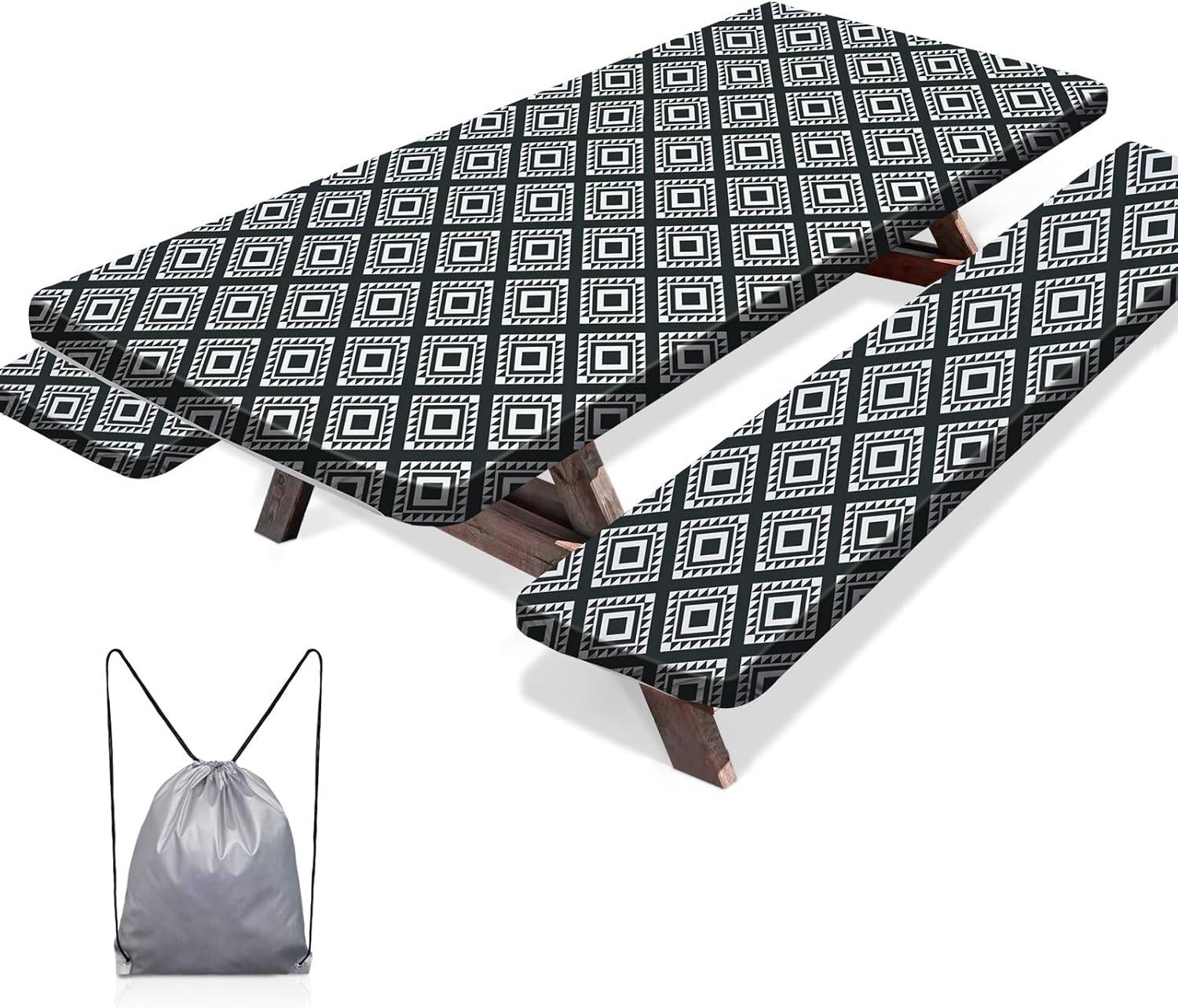 MHJY Picnic Table Cover with Bench Covers 3 Pcs Windproof Waterproof Camping Tablecloth with Drawstring Bag, Camping Essentials Table Cloth Fitted 6 Foot Rectangle Tables,72in,Black Plaid