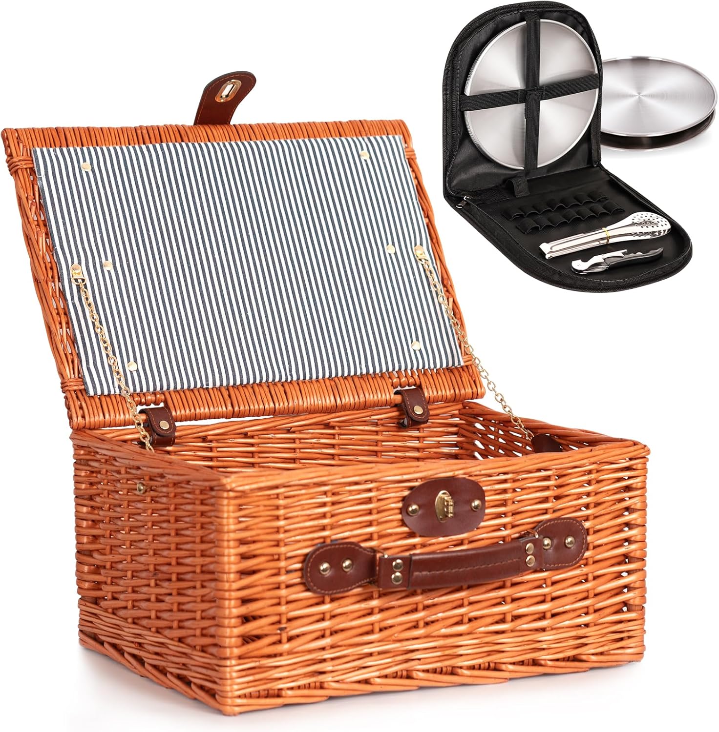 MOHOPE Picnic Basket for 2, Wicker Picnic Basket Set with Liner & Utensils Cutlery, Handmade Large Willow Hamper Set for Camping, Outdoor, Valentine’s Day, Wedding Gift, Birthday, Easter